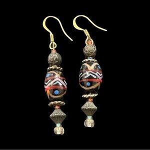 Handcrafted Dangle Earrings Glass Beaded Centers Red Silver Tone